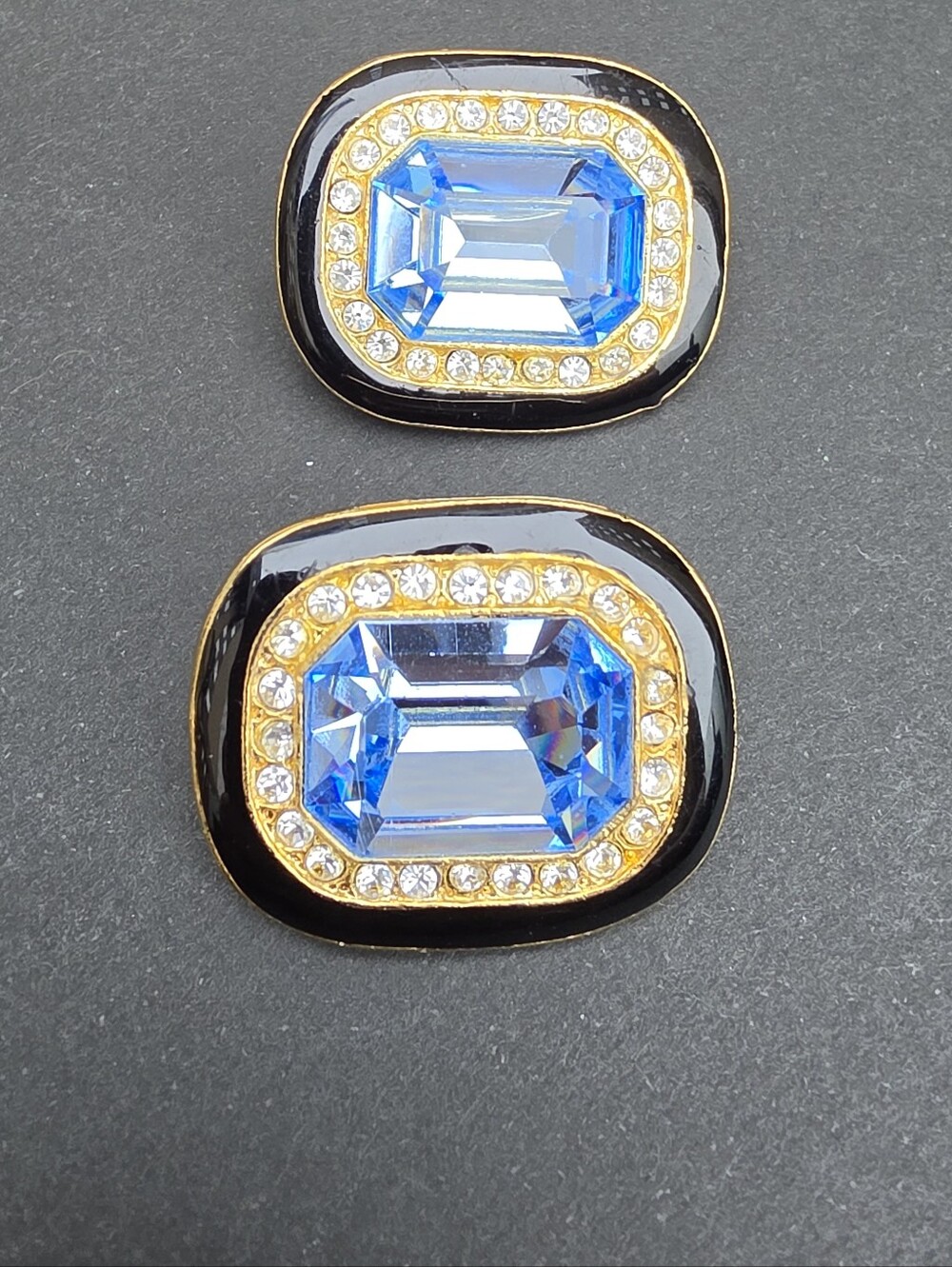 Vintage Blue Crystal Black Enamel Statement Clip-On Earrings